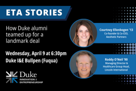 Learn how a Duke alumna acquired a platform business and scaled it to become a pioneer in the clinical aesthetics practice management space with over 20 locations from California to North Carolina.    Join us as Courtney Ellenbogen &amp;amp;#39;13, Co-founder and Co-CEO of Aesthetic Partners, and Roddy O&amp;amp;#39;Neil &amp;amp;#39;90, Managing Director and Healthcare Group Head at Lincoln International, share the story of Courtney&amp;amp;#39;s ETA journey and continued industry leadership after partnering with Norwest Venture Partners, an investor with over $15B under management. This dynamic team of Duke alumni maximized outcomes for investors in an intermediate liquidity event to fuel future growth and today are leaders in the ETA ecosystem.  Date: Wednesday, April 9 Time: 6:30 pm Location: Duke I&amp;amp;amp;E Bullpen at Fuqua, followed by happy hour at the JB Duke (first round on us!) Register: https://bit.ly/ETApanel